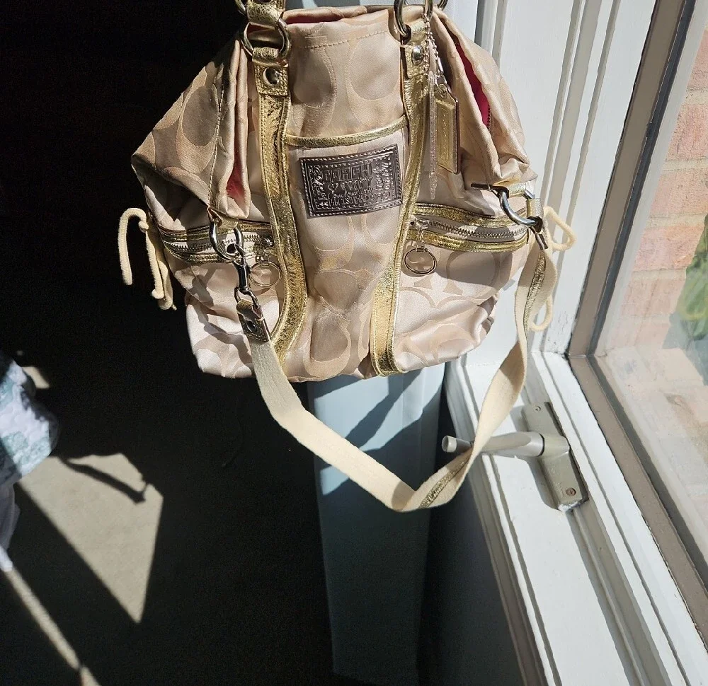 Coach Beige Signature Canvas Purse with Gold Trim
